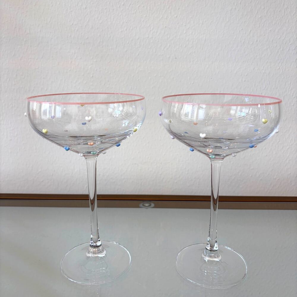 Set of 2 Pastel Hearts Embossed Coupe Glasses Chic Valentine Barware XO New